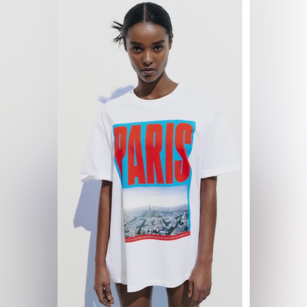 Zara White Tee with Red Paris Graphic, medium